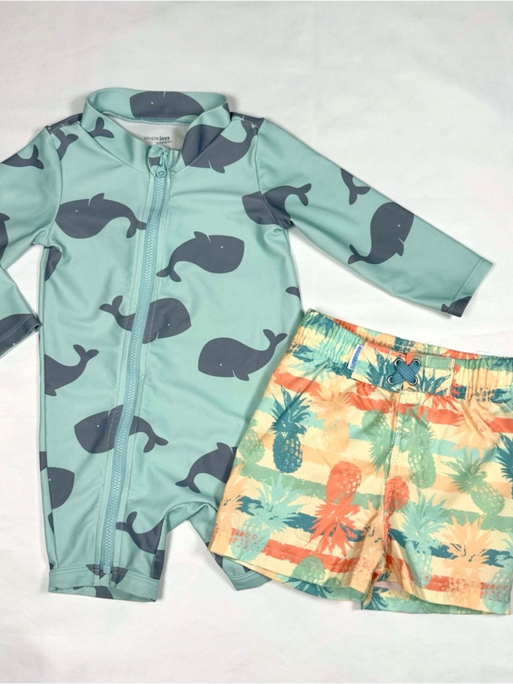 Baby boy 6-12 month summer swim bundle whale rashguard + swim trunks shorts